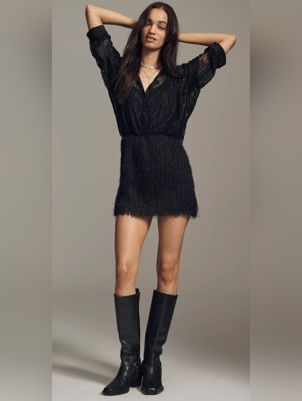Anthropologie's Maeve Black Fringe Shirt Mini Dress Size XS